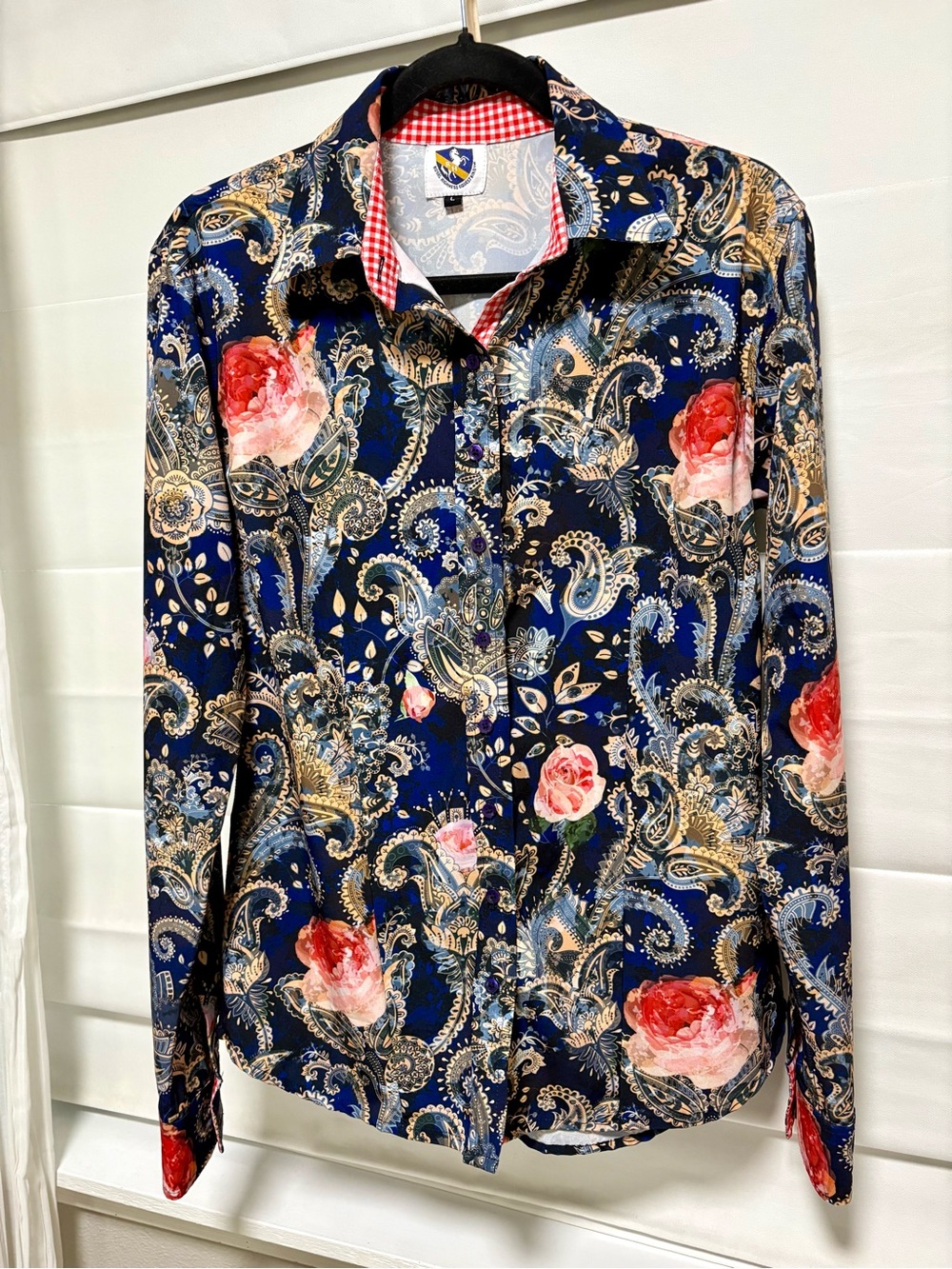 Navy Floral Paisley Button-Down Shirt with Pink Rose Accents